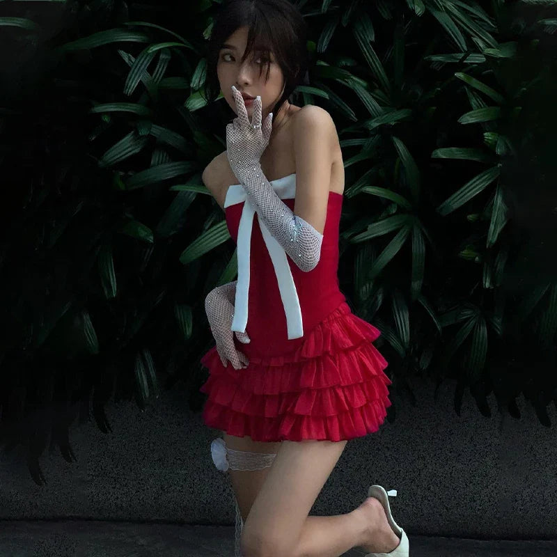 Y2K Bow Applique Mesh Pleated Mini Dress Strapless Backless