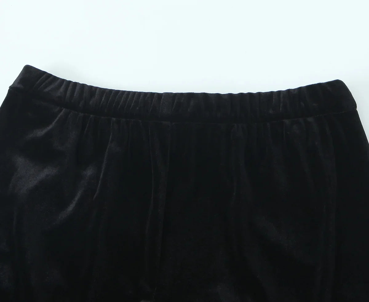 Women's Fashion Velvet Trouser Set with Wide Leg Pants and Long Sleeve Coat Top for Stylish Streetwear Outfit