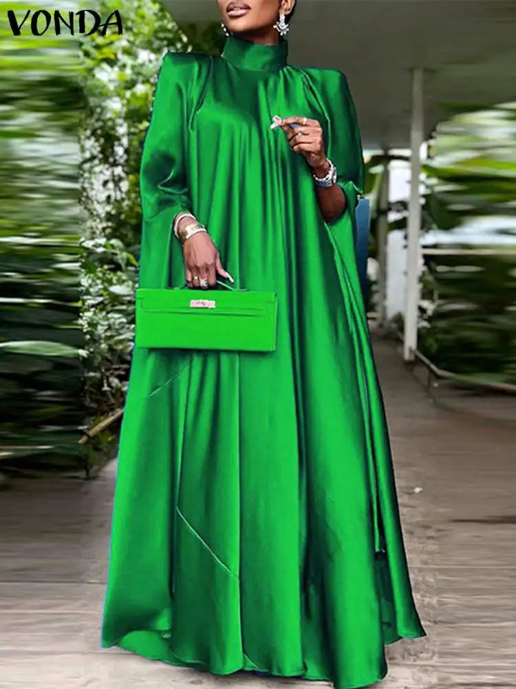 Satin Pleated Evening Dress With Stand Collar Long Sleeve