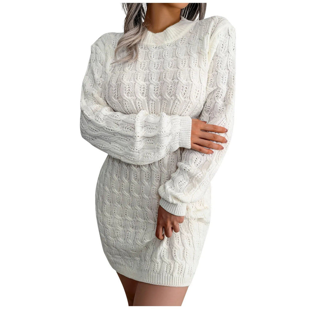 Autumn Winter Womens Round Neck High Waist Sweater Dress