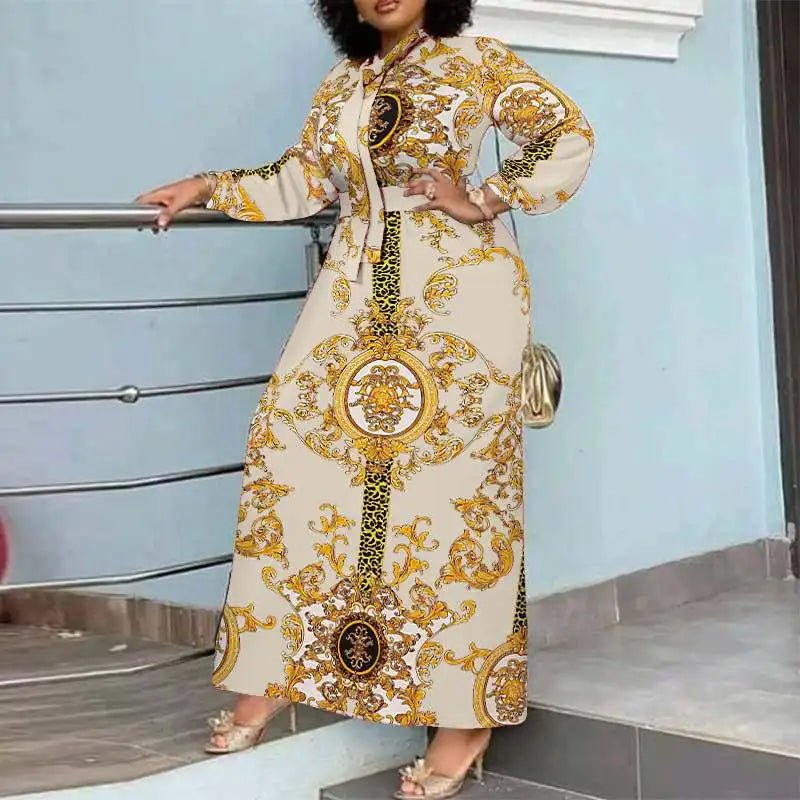 Bohemian Maxi Dress Belted Sundress For Party Long Sleeve