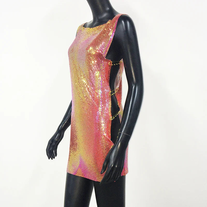 Y2K Metallic Sequins Mini Dress For Women Backless Clubwear