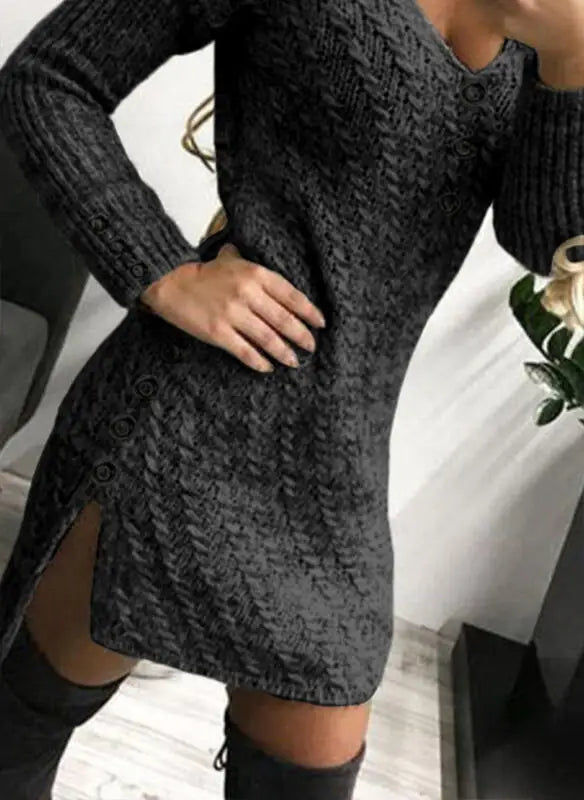 V Neck Knitted Dress Slim Fit Autumn Winter Solid Color