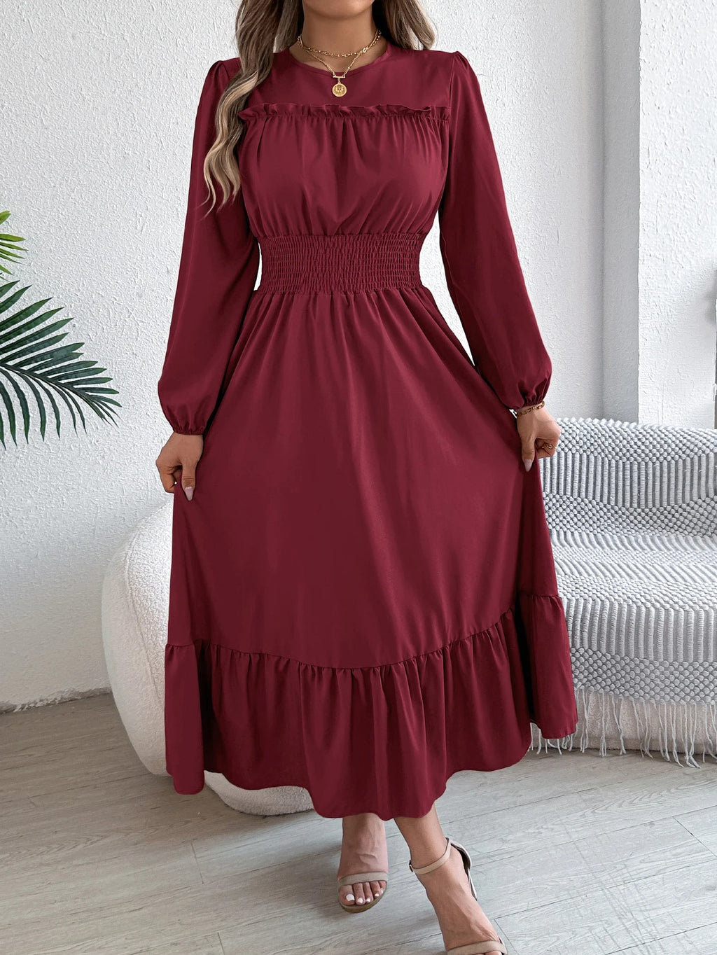 Elegant Long Sleeve Dress With Cinched Waist Solid Color