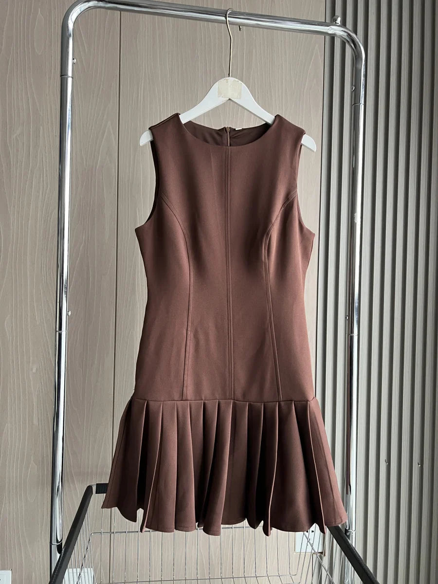 3D Cutout Mini Dress Pleated Skirt Brown Sleeveless