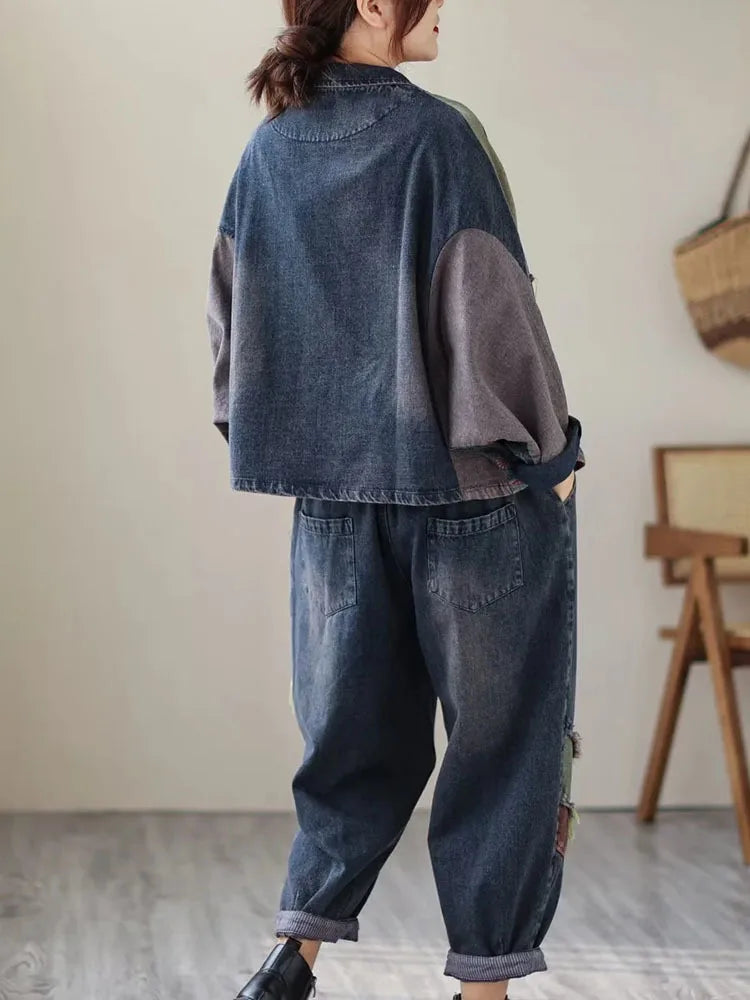 Womens Vintage Denim Two Piece Set with Printed Jacket and Casual Jeans