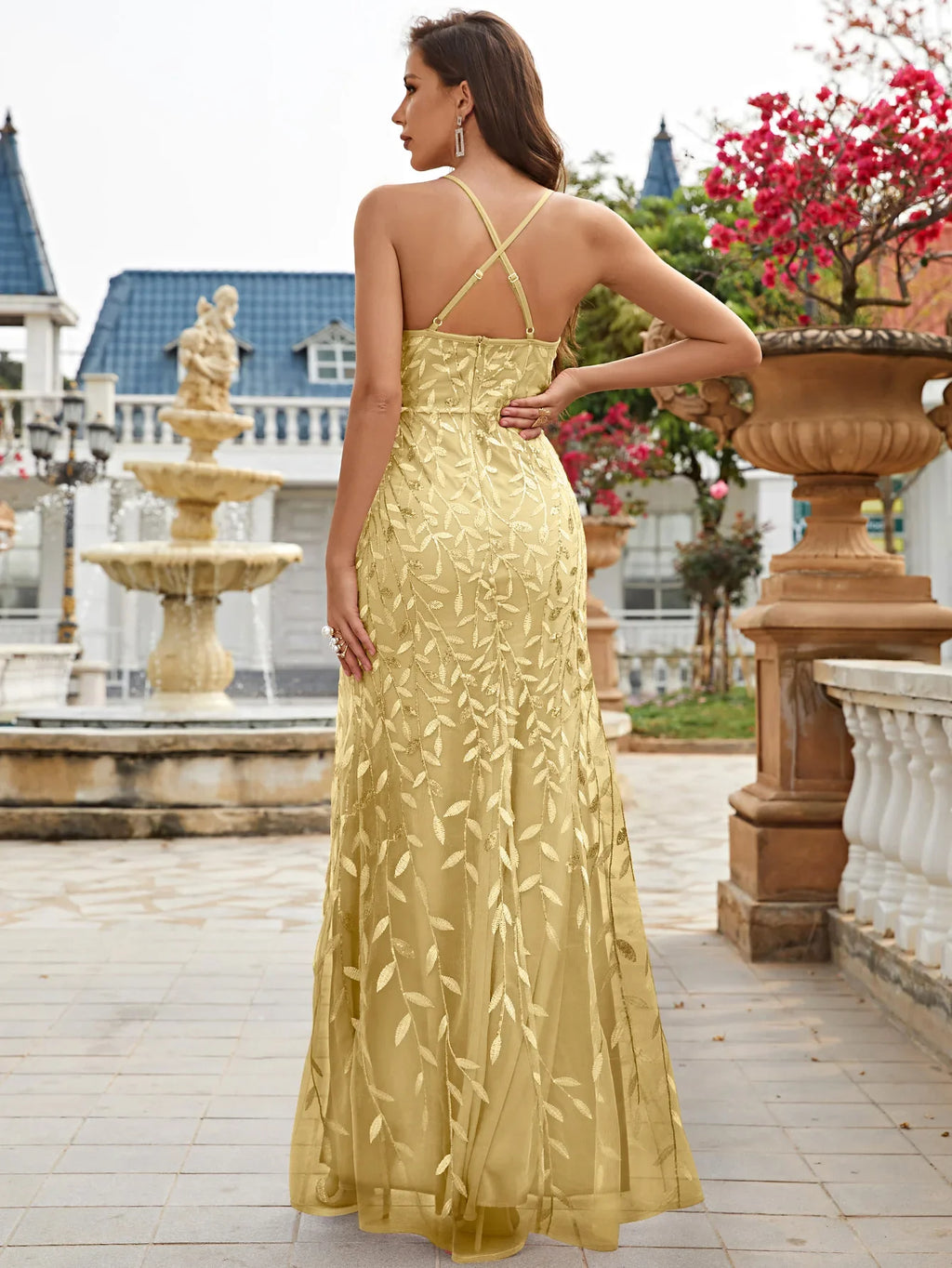 Criss Cross Backless Sequin Dress With Thigh Slit Detail