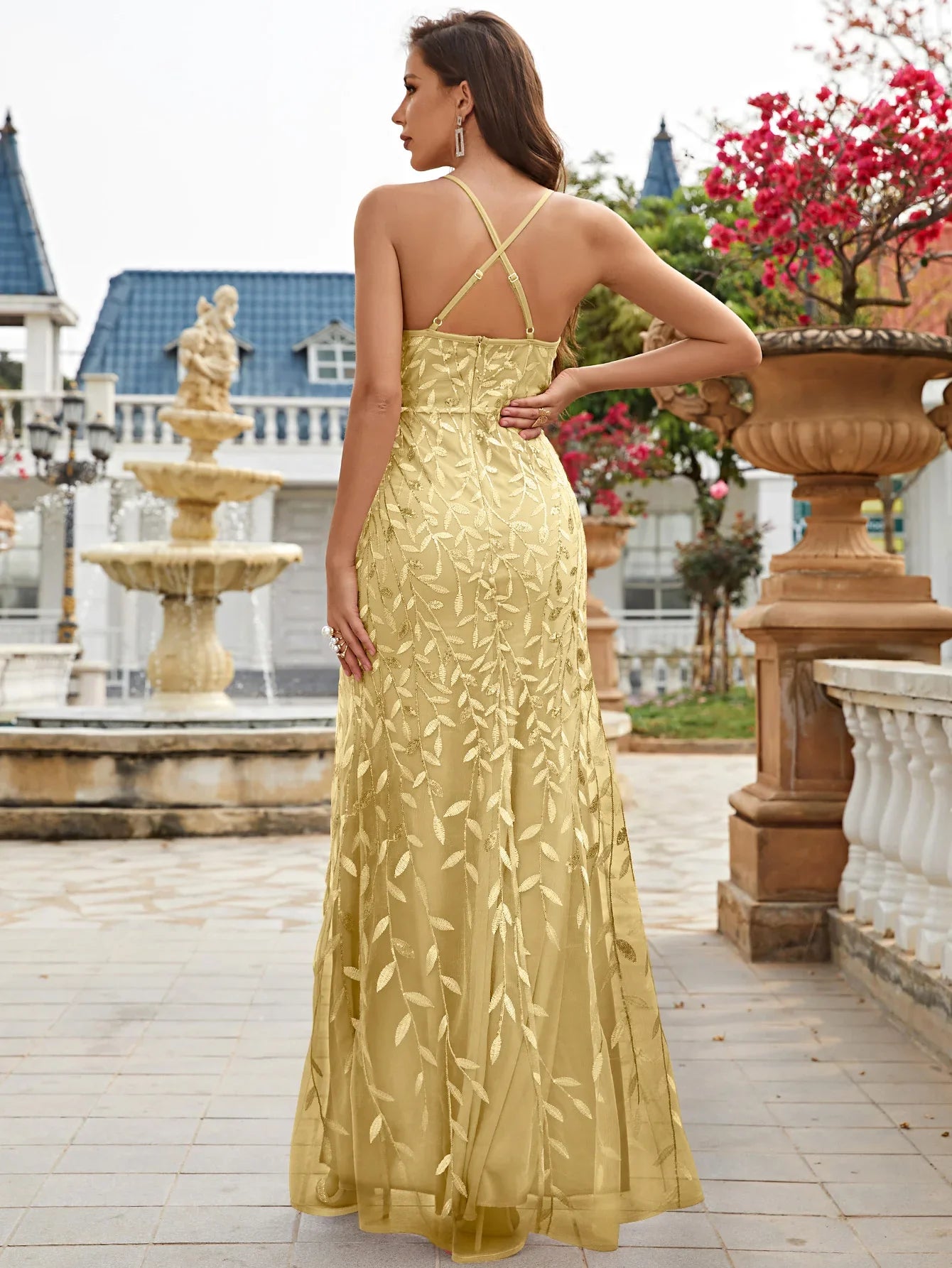 Criss Cross Backless Sequin Dress With Thigh Slit Detail