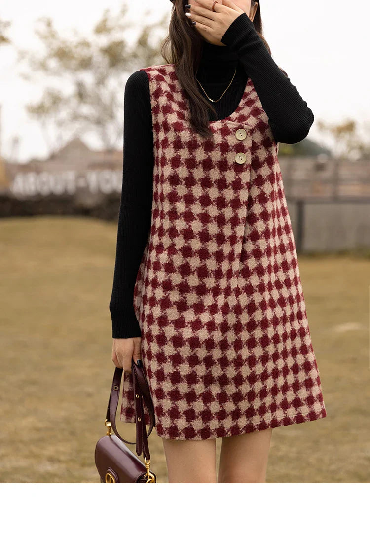 Plaid Vest Dress Aline Woolen Sleeveless Vneck Chic