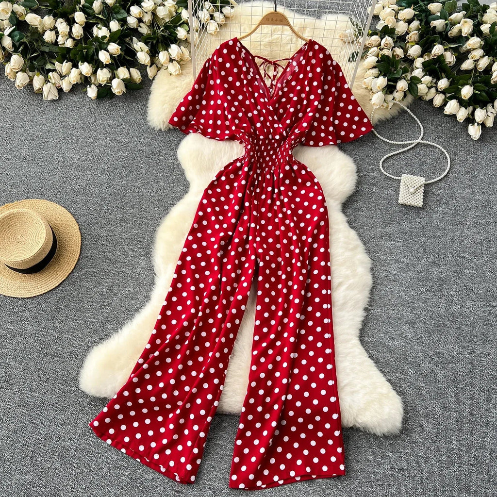 Elegant Polka Dot Romper for Women V-Neck Short Sleeve High Waist Wide Leg Jumpsuit Loose Fit Summer Playsuit