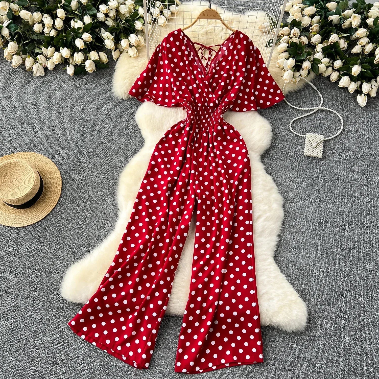 Elegant Polka Dot Romper for Women V-Neck Short Sleeve High Waist Wide Leg Jumpsuit Loose Fit Summer Playsuit