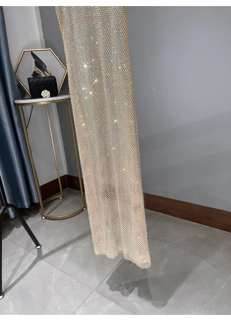 Rhinestone Party Dress Deep V Neck Mesh Club Wear For Women