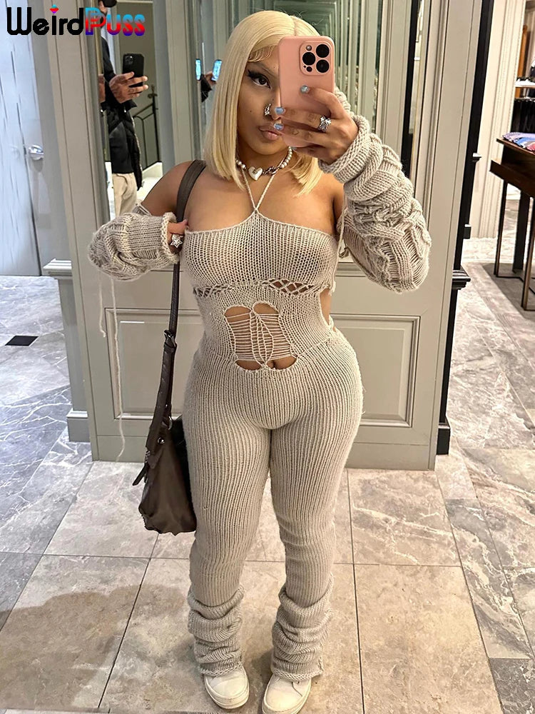 Weird Puss Bandage Knit Halter Jumpsuit with Gloves Women Stretch Sexy Backless Hollow Skinny Street Style Stacked Workout Overalls