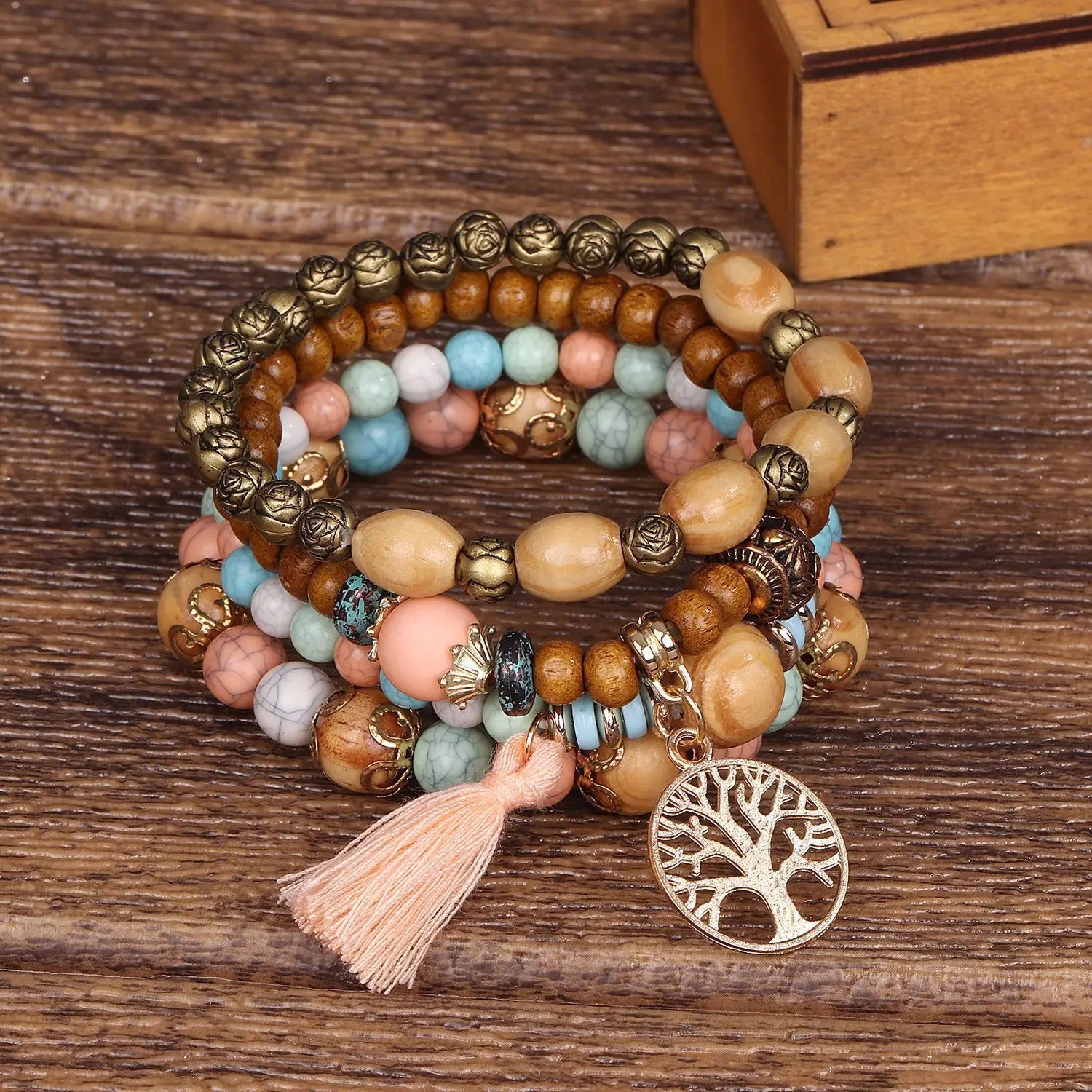 4Pcs Bohemian Tree Of Life Beaded Bracelet Set For Women Handmade Wood Beads Boho Jewelry