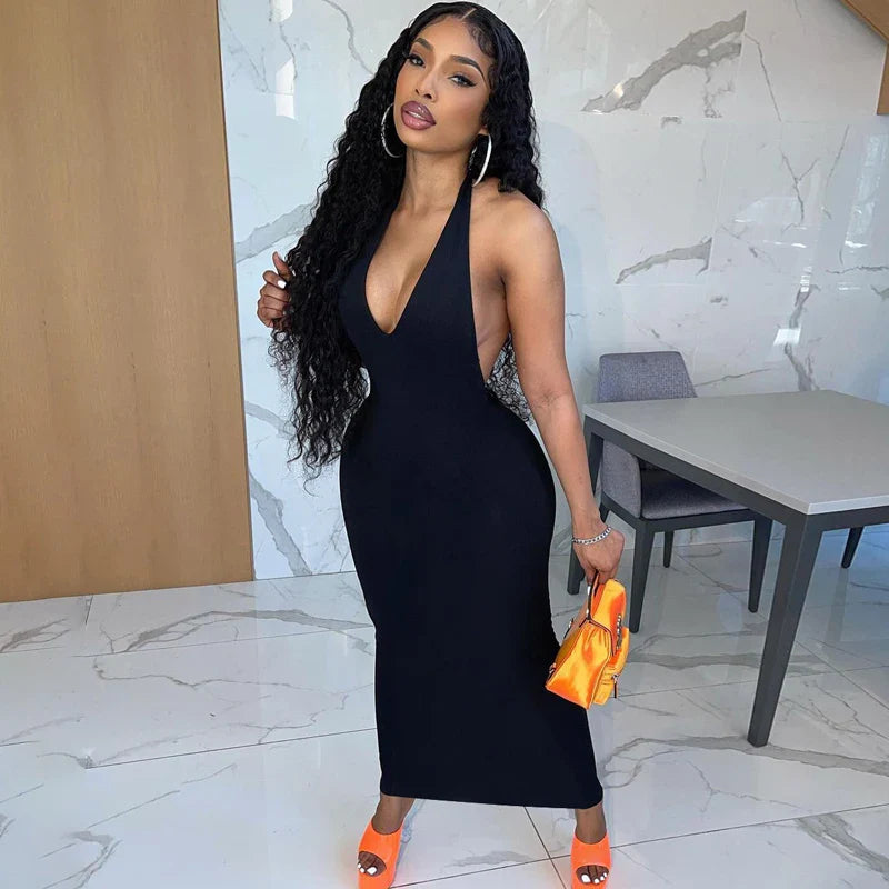 Backless V Neck Bodycon Maxi Dress Sleeveless Summer Women