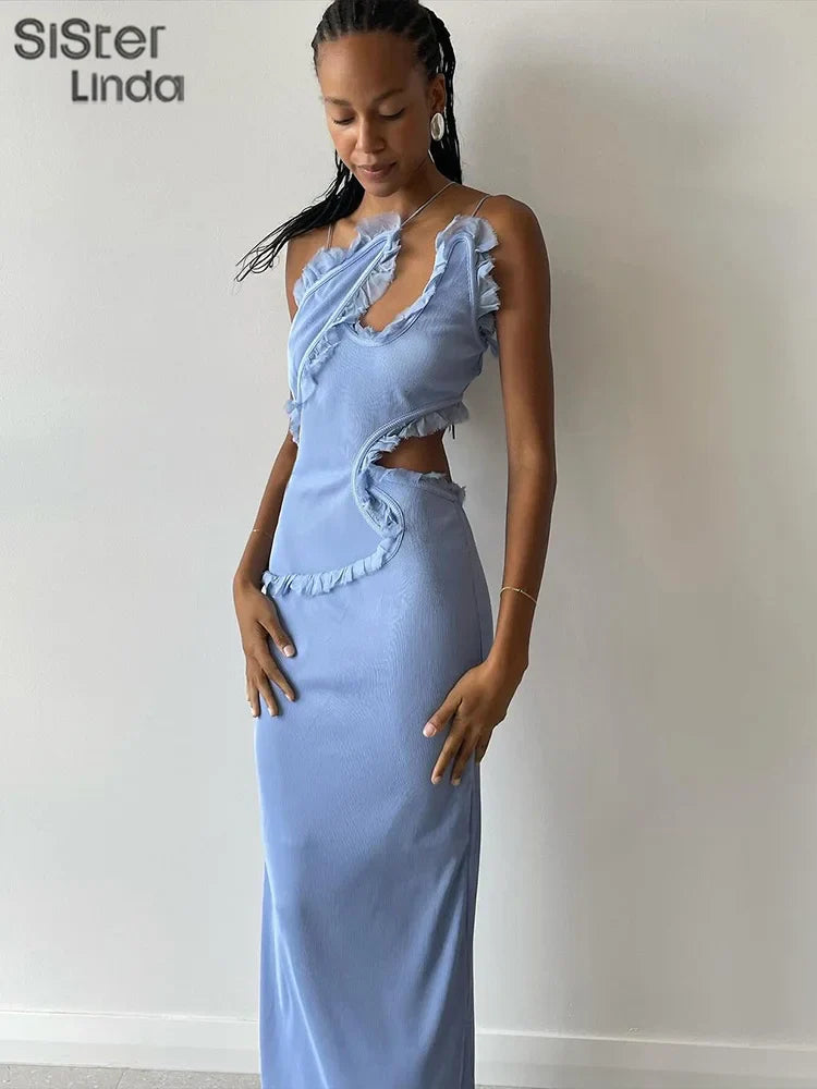 Junior Backless Halter Hollow Out Midi Calf Dress Style