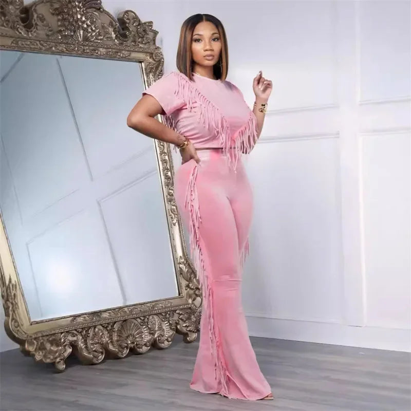 Tassel Two Piece Set for Women Casual Streetwear T-Shirt Top and Flare Pants Tracksuit