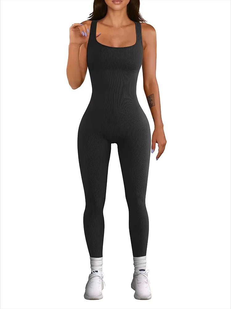 Women's Sleeveless Ribbed Yoga Jumpsuit with Square Neck and High Waist One-Piece Fitness Sports Vest