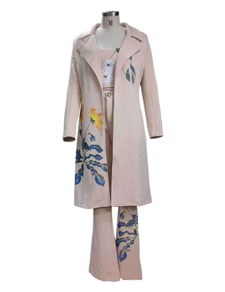 Three Piece Women's Outerwear Set with Long Sleeve Coat, Tank Top, and Flared Trousers