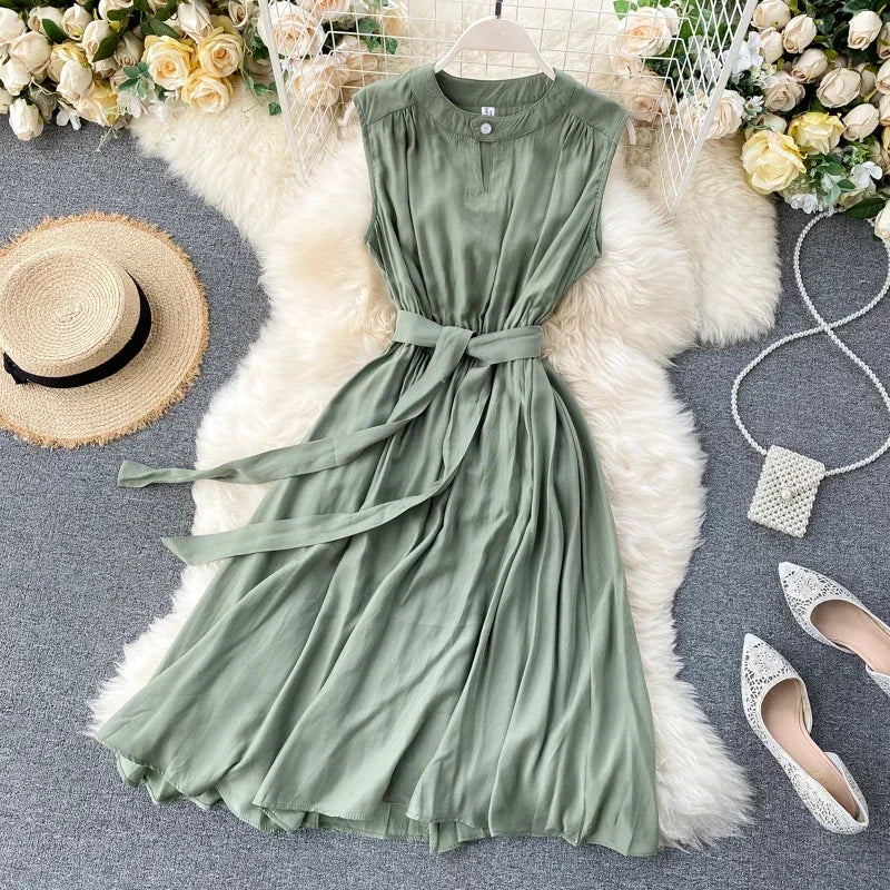 Sleeveless Summer Dress Solid Colors Green Blue Yellow Casual