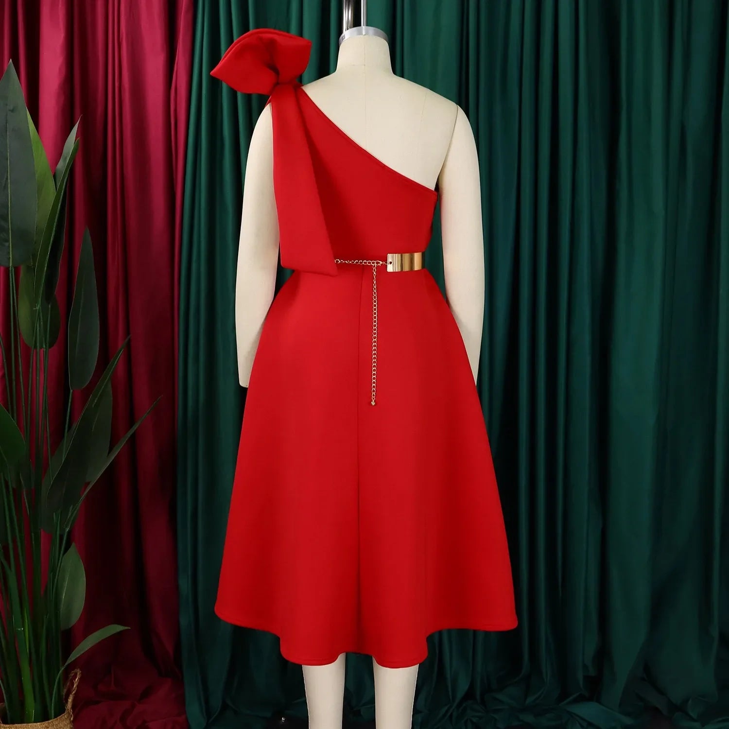 One Shoulder Bow Dress A Line Pleated Mid Calf Party Dress