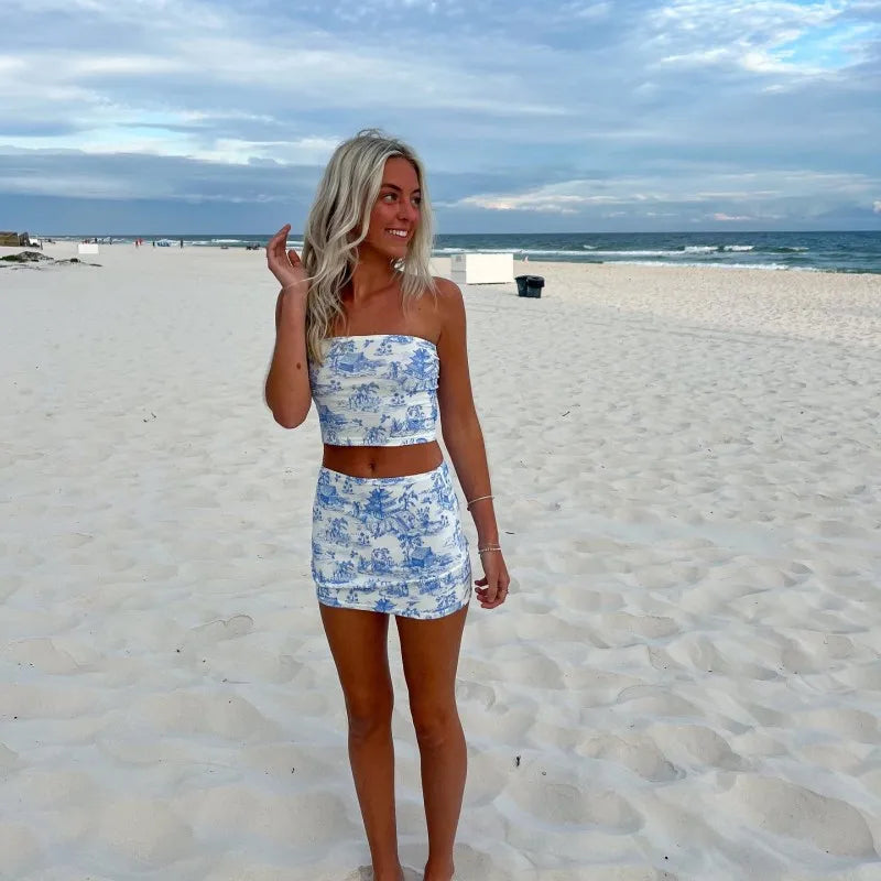 Women's Summer Two-Piece Set Sleeveless Strapless Retro Print Top and High Waist Slim Mini Skirt Streetwear Outfit