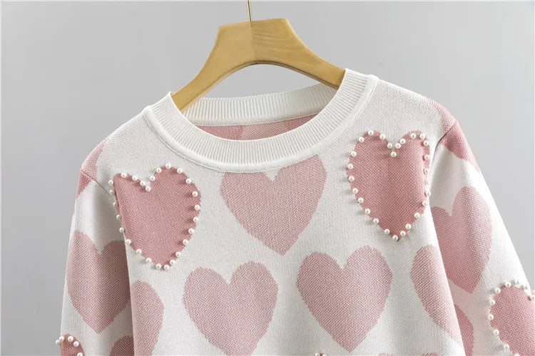 Chic Women's Knit Sweater 2-Piece Set with Embroidered Beaded Heart Pullover and Spring Harem Pants Sporty Tracksuit Lounge Ensemble