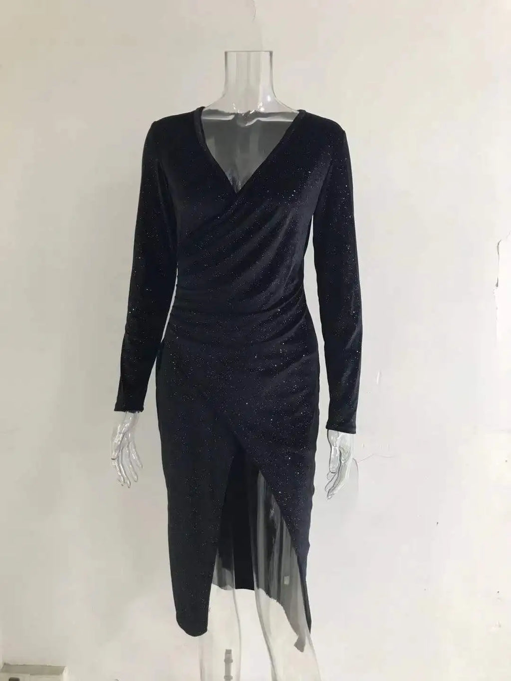 Golden Velvet Nightclub Dress Open Leg Long Sleeve Gown