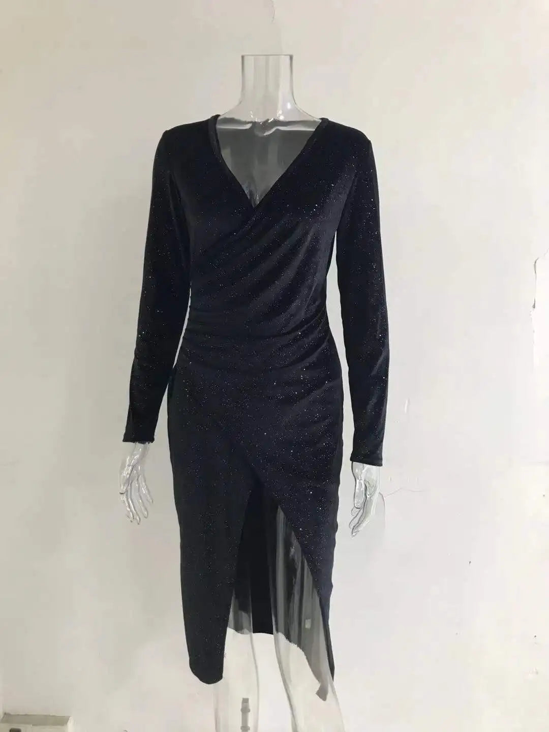 Golden Velvet Nightclub Dress Open Leg Long Sleeve Gown