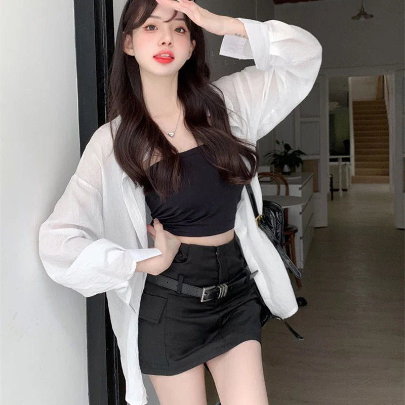 Purple Sunscreen Long Sleeve Shirt for Women Lightweight Single Breasted Loose Casual Blouse with Turn Down Collar