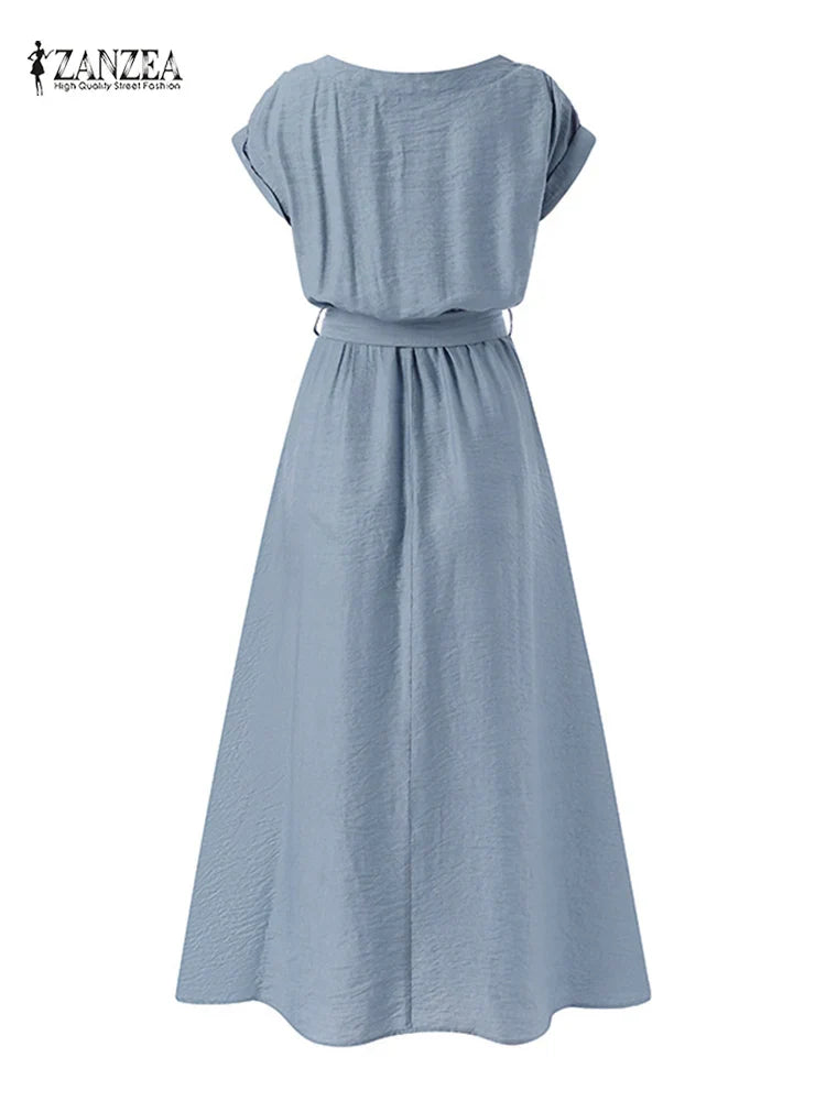 Boho Midi Summer Dress With Short Sleeves And Belt Included