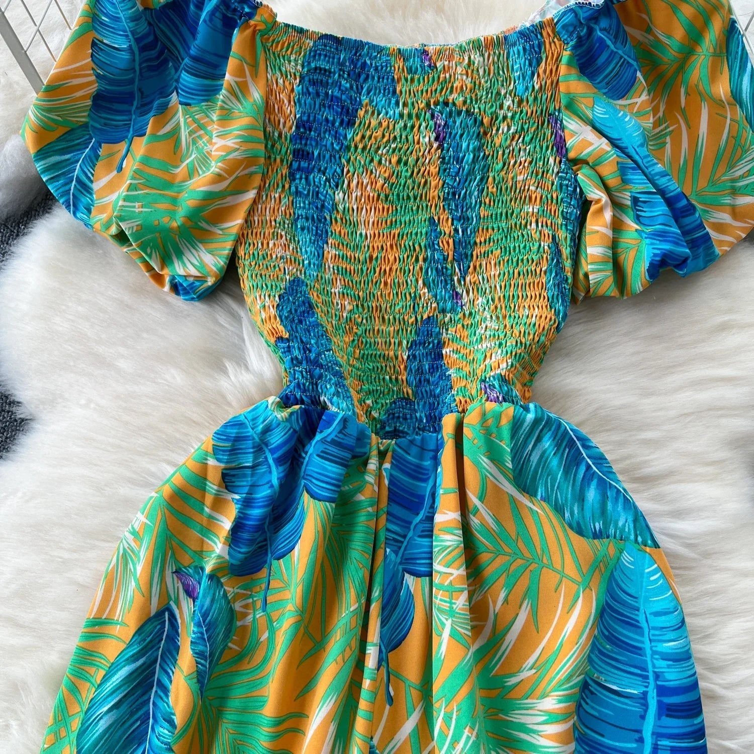 Square Neck Loose Pleated Jumpsuit with Ruffles Backless Design Wide Leg Long Pants Elegant Chic Printed Playsuit for Women