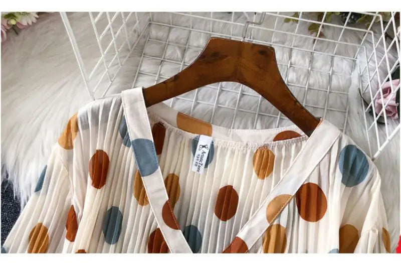 Polka Dot Casual V-Neck Chiffon Blouse with Single Breasted Button and Lantern Sleeve Folds Lightweight Women's Top