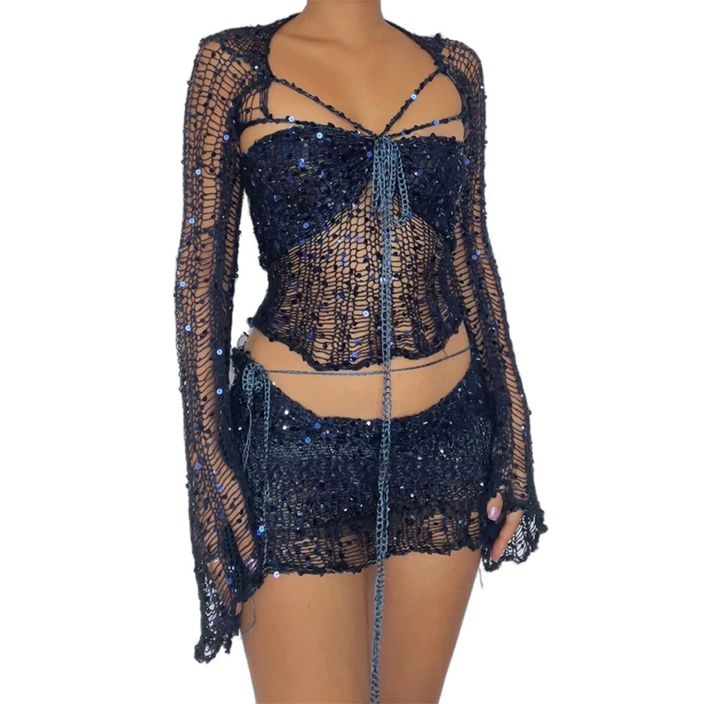 Sequin Crochet Three Piece Dress Set For Women Y2K Style
