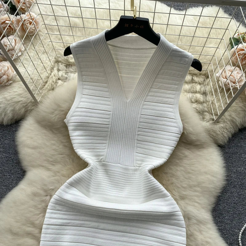 White Knit Tank Dress V Neck Sleeveless Bodycon Wrap Dress