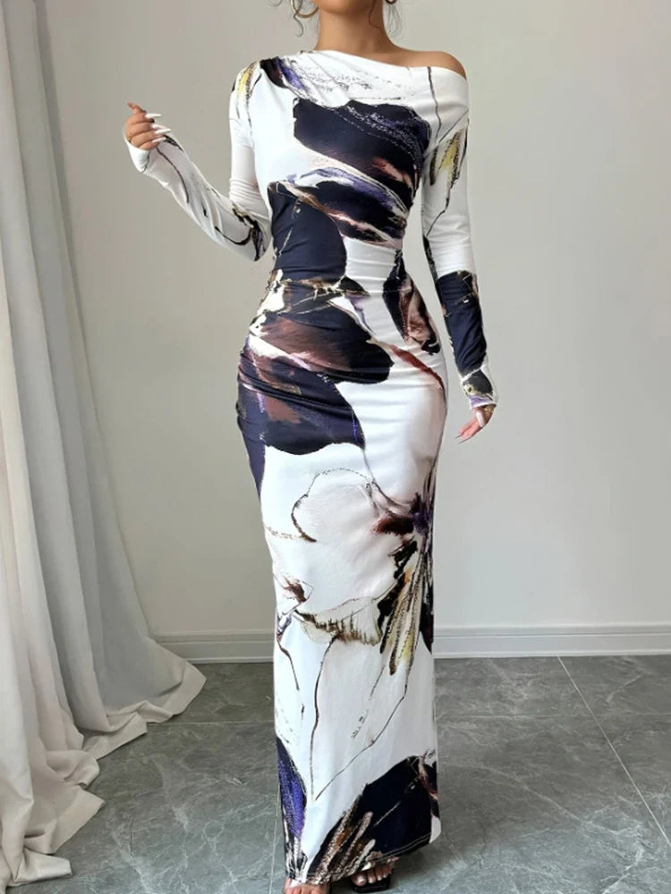 Elegant Slim Fit Printed Long Sleeve Dress For Women