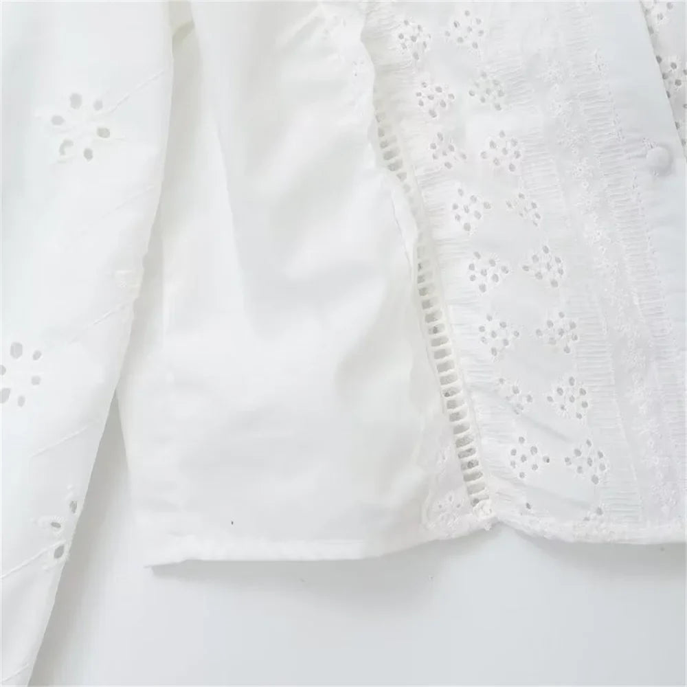 Women's Single Breasted Round Neck Lantern Sleeve Embroidered Hollow Shirt with Elegant Design and Slimming Fit