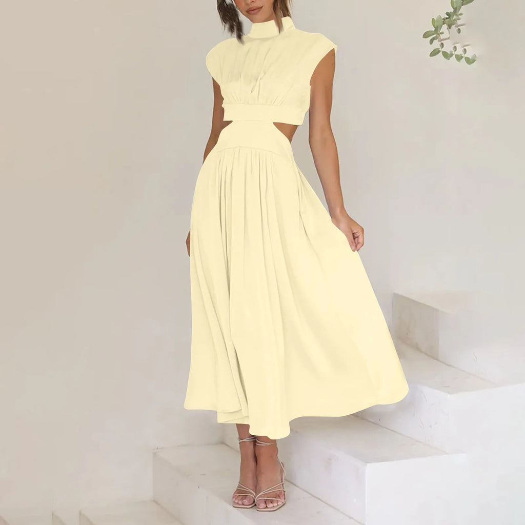 Solid Color High Waist Maxi Dress Sleeveless With Pockets