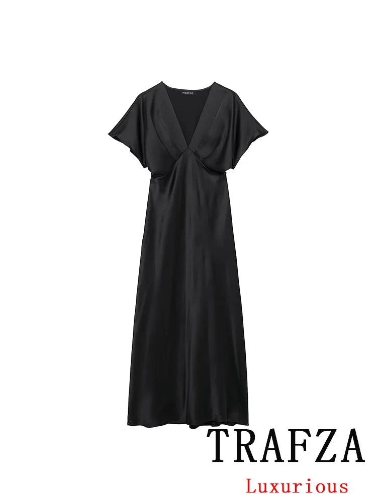 Satin V Neck Long Dress For Women Elegant Party Gown