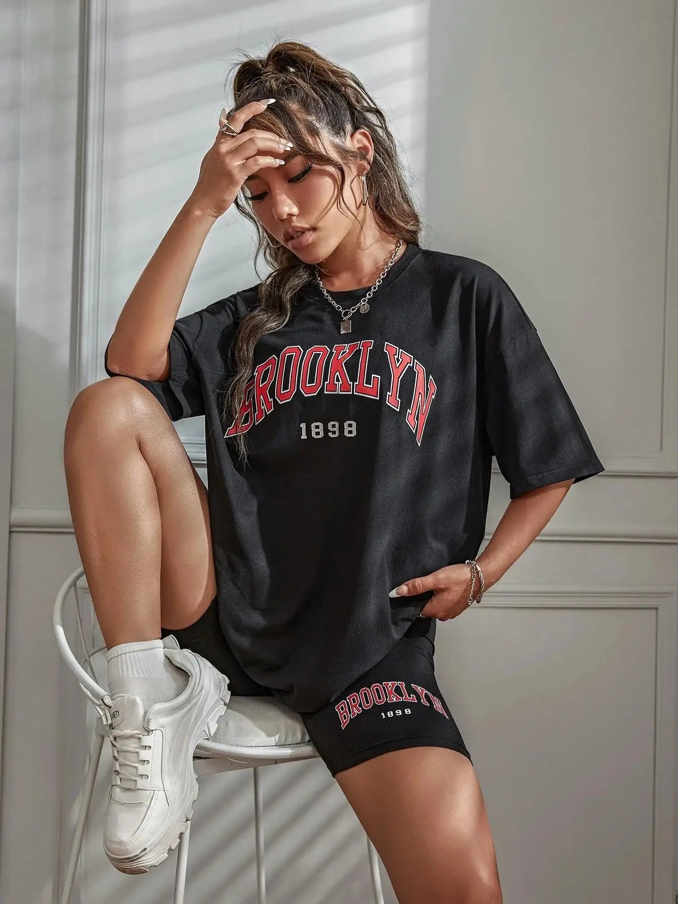 Brooklyn 1898 New York City Letter Graphic Cotton T-Shirt and Oversized Shorts Two-Piece Summer Casual Set for Women S-XL
