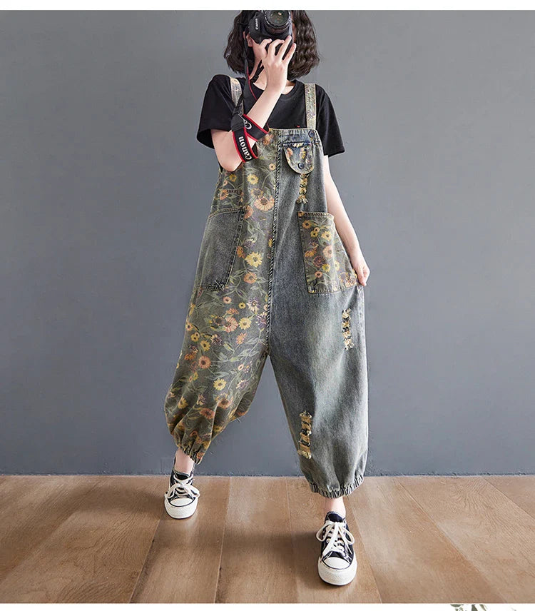 Casual Oversized Floral Print Denim Overalls for Women Loose Wide Leg Mom Jeans Romper Jumpsuit with Cargo Straps Baggy Pants