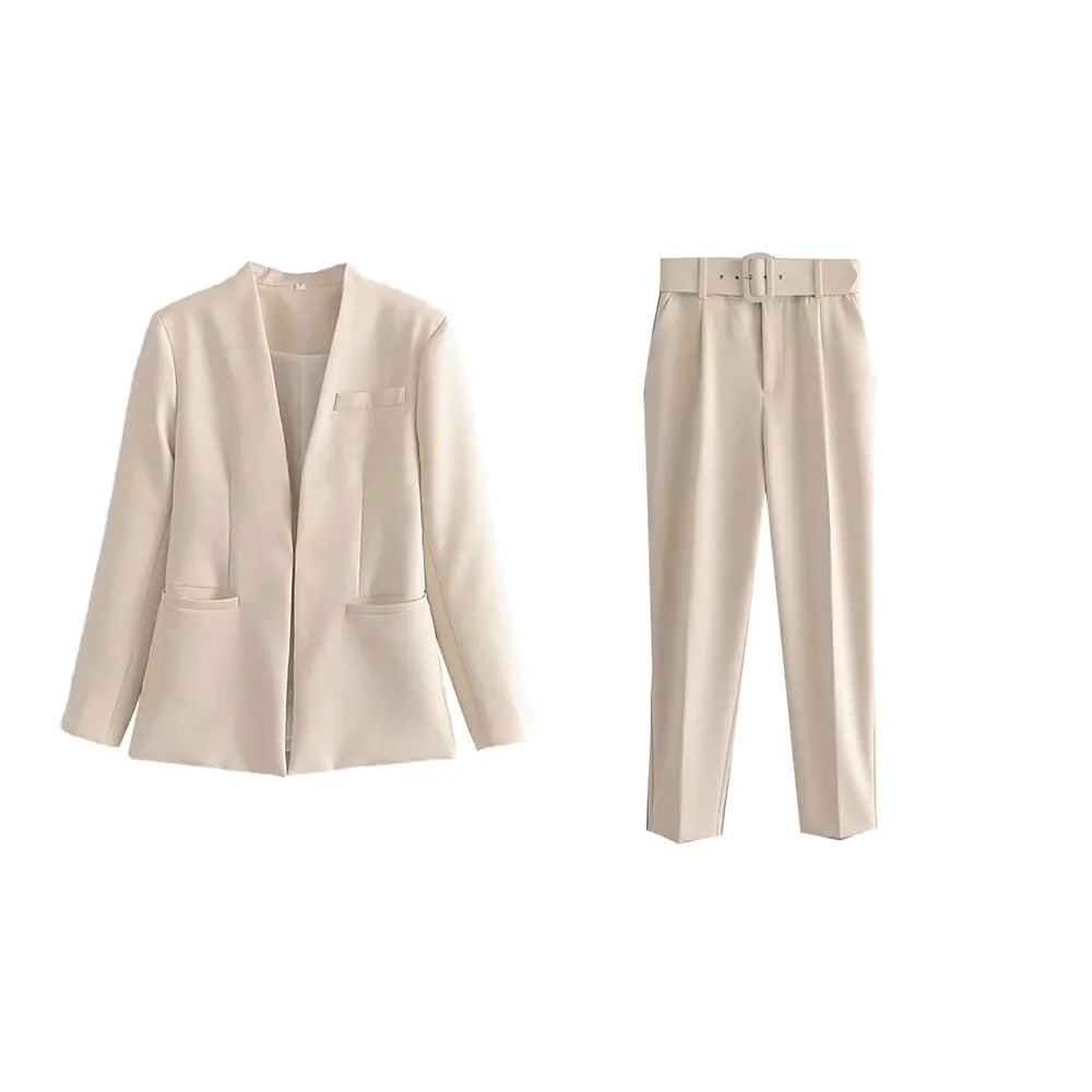 Women's Solid Color Office Suit Coat and High Waist Ankle-Length Pants Set