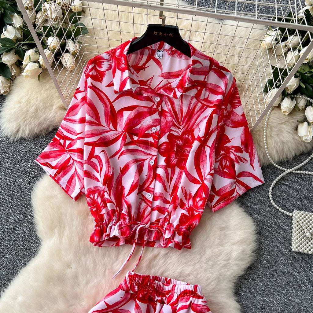 Summer Fashion Print Two Piece Set for Women with Loose Short Sleeve Tops and Elastic Waist Wide Leg Cropped Pants