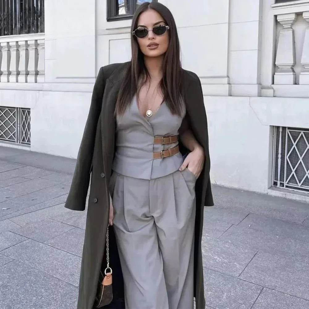 Women's Two-Piece Suit Set with Belt Halter V-Neck Top and High-Waisted Pleated Pants