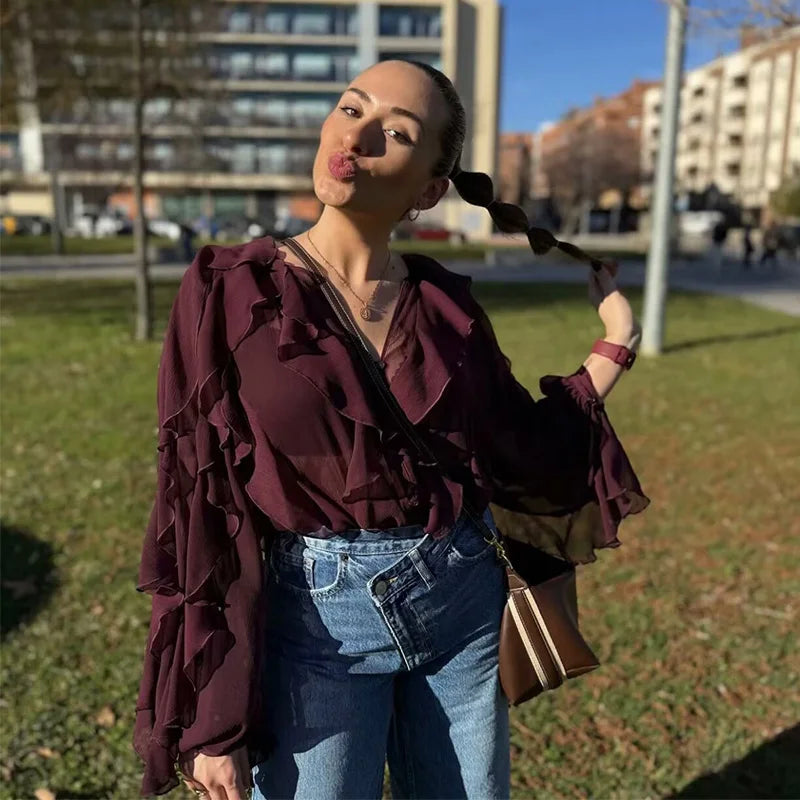 Women's Semi-Transparent V-Neck Tiered Decoration Long Sleeve Casual Shirt Blouse Top