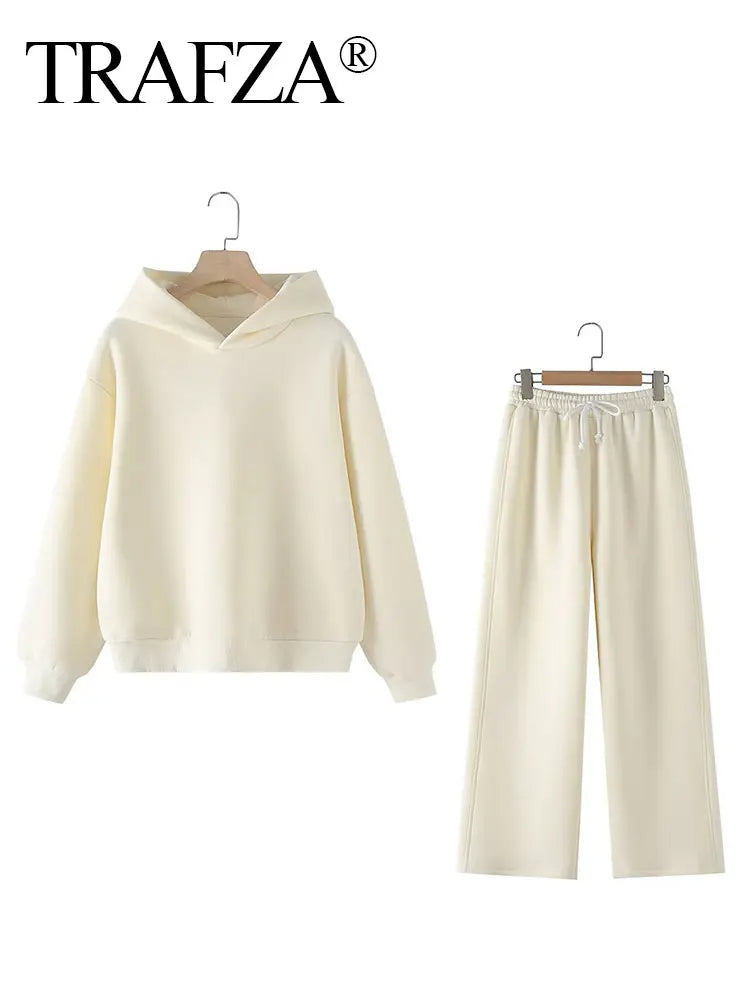 Chic Solid Hoodie and Wide Leg Trouser Set for Women with Elastic Waist and Lace-Up Detail Perfect for Casual and Commute Wear