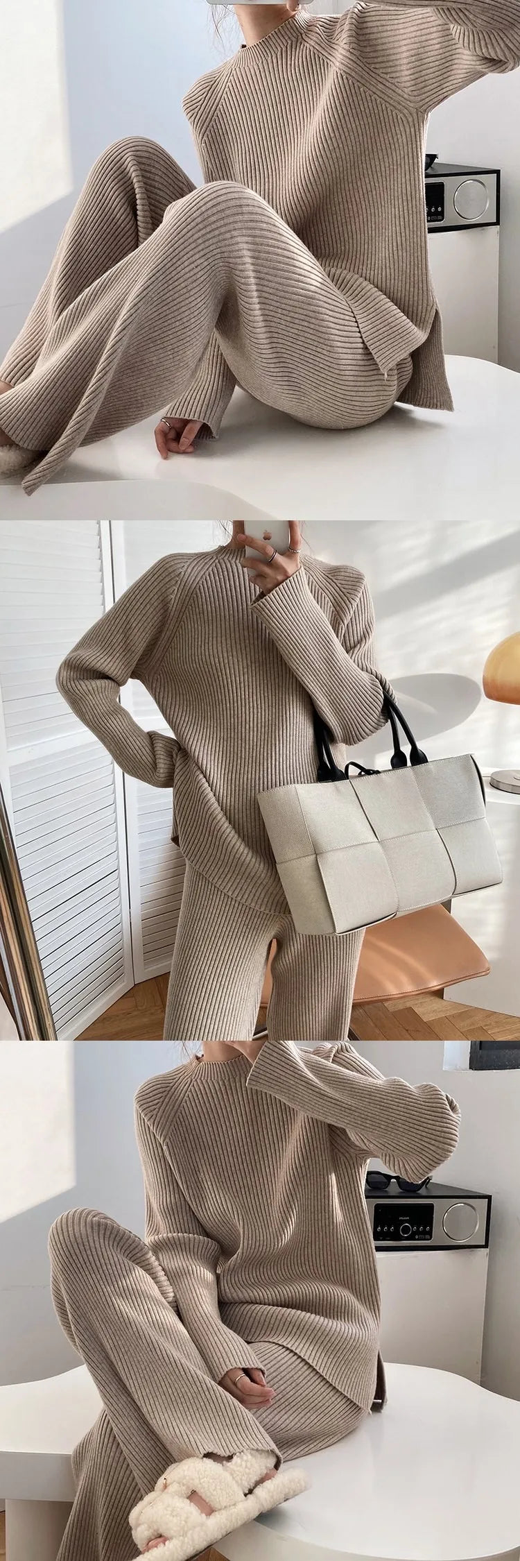 Knitted Tracksuit for Women Autumn Winter Two Piece Set with Half Turtleneck Sweater and Wide Leg Jogging Pants Outfit