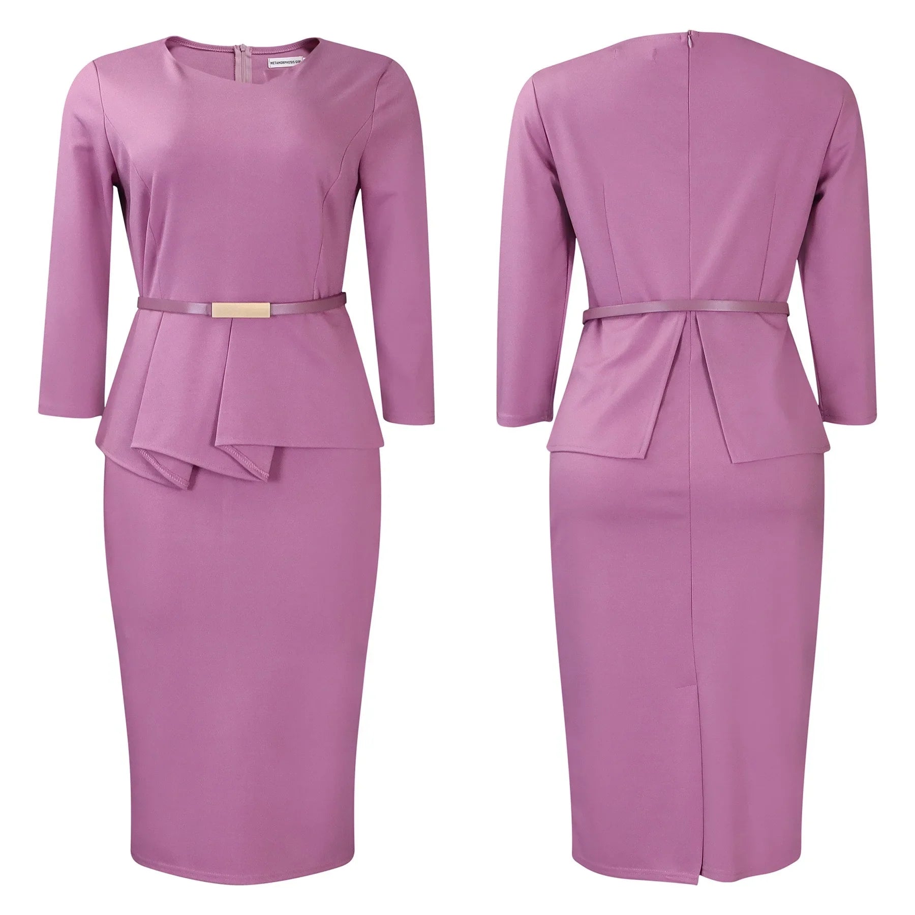 Women's Office Dress Sheath Belted Mid Calf Formal Wear