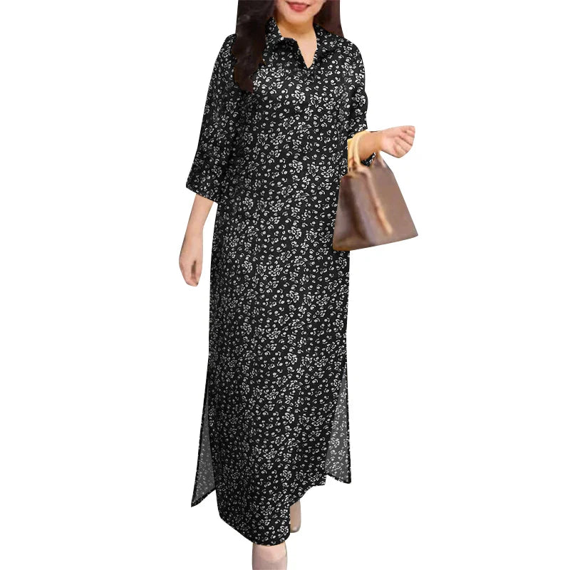 Autumn Floral Cotton Long Shirt Dress For Women With Lapel