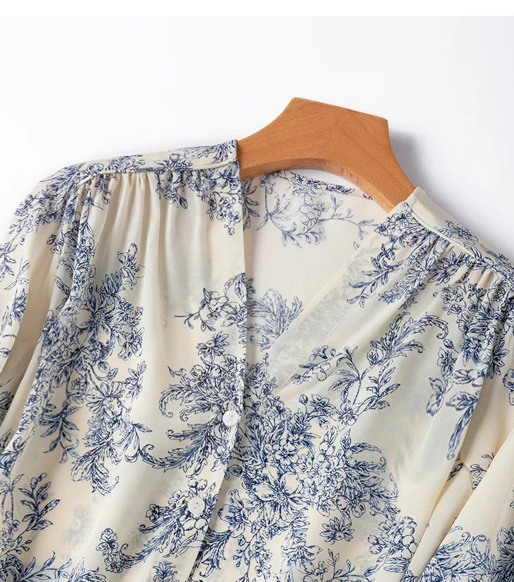 Women 100 Percent Mulberry Crepe Silk Shirt White Floral Button Down Long Sleeve Blouse Elegant Office Top M L XL